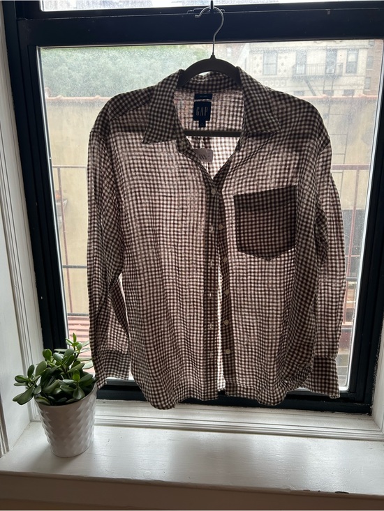 GAP Tops - GAP Brown and White Gingham Button-Down Shirt 100% linen
